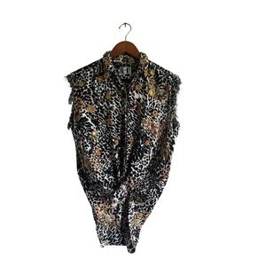 HC NY‎ Sleeveless Top Medium Black White Leopard Print Embellished Blouse